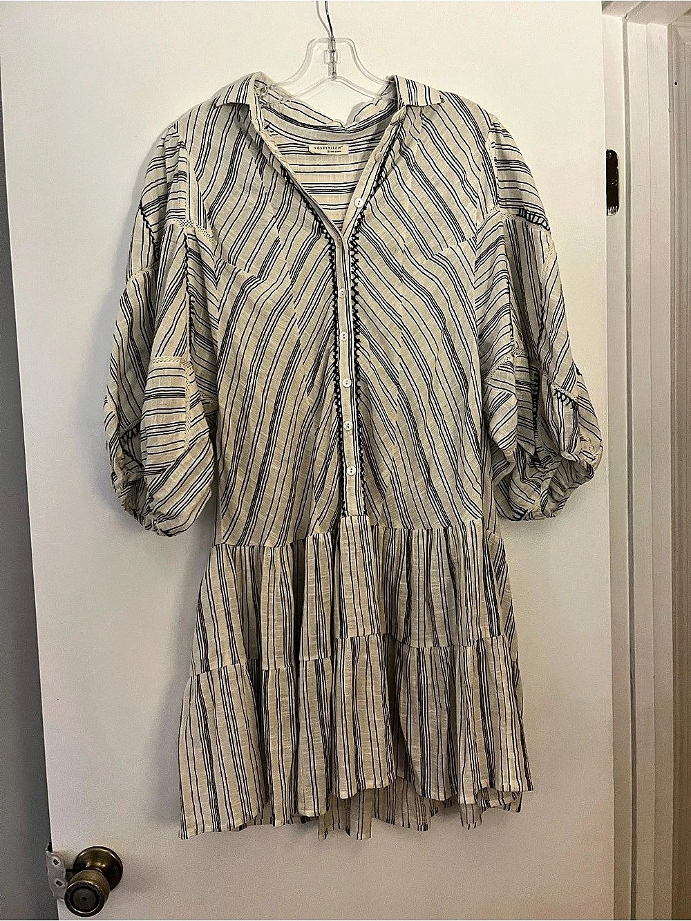 LOVESTITCH linen Striped Dress in Cream & Black, size Small